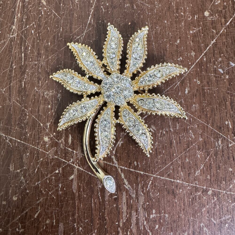Emmons‎ Silver Tone White Rhinestone Flower Floral Stem Brooch Pin